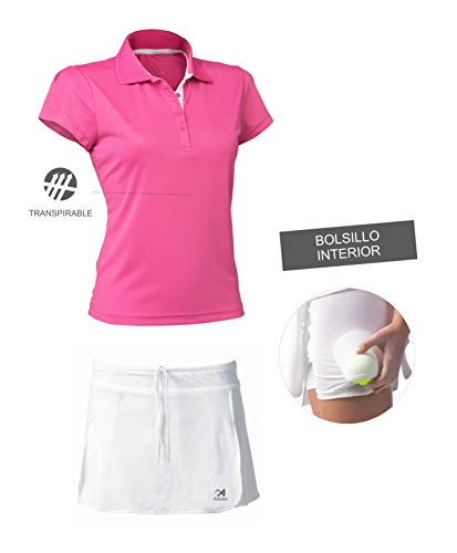 ASIOKA 97/13-102/14 Pack Falda Pantalón + Polo M/Corta de Tenis, Mujer, Blanco/Fucsia