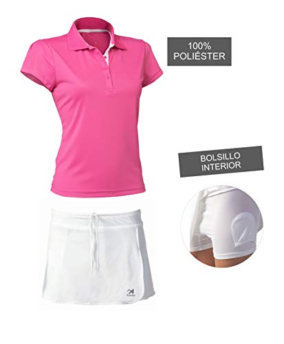 ASIOKA 97/13-102/14 Pack Falda Pantalón + Polo M/Corta de Tenis, Mujer, Blanco/Fucsia