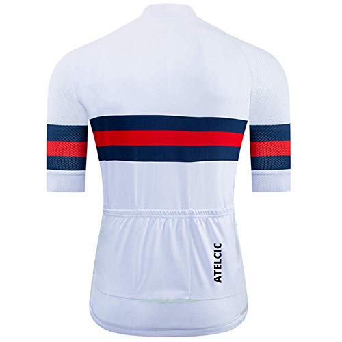 Atelcic Maillot para Ciclismo MTB Spinning Ciclismo de Carretera, Traje de Ciclismo Manga Corta Verano para Hombre y Mujer (Blanco - Azul, S)