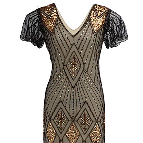 Auifor 1920 Vestido de Lentejuelas de la Mujer Inspirado Lentejuelas Cuentas Borla Larga Vestido de Inserciones（Oro/Medium）