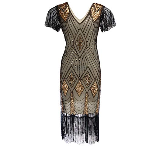 Auifor 1920 Vestido de Lentejuelas de la Mujer Inspirado Lentejuelas Cuentas Borla Larga Vestido de Inserciones（Oro/Medium）