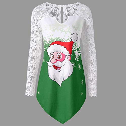Auifor Indumentaria Femenina Casual Imprimir Feliz Navidad Tapa del cordón del Remiendo de la Camiseta Top（Verde/XXX-Large）