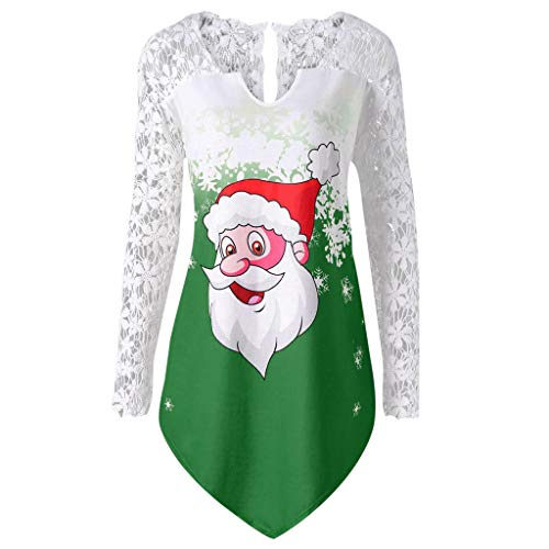 Auifor Indumentaria Femenina Casual Imprimir Feliz Navidad Tapa del cordón del Remiendo de la Camiseta Top（Verde/XXX-Large）