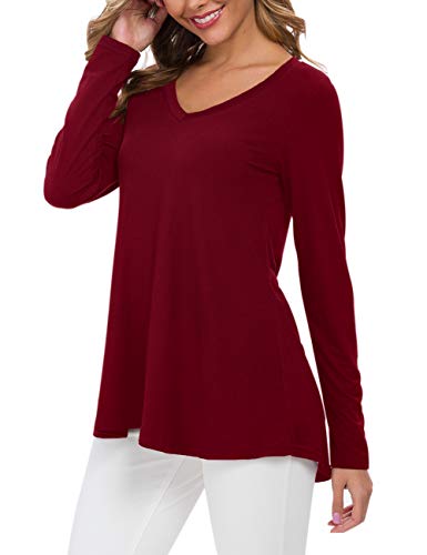 AUSELILY Camiseta de Manga Larga con Cuello en v para Mujer Túnica Tops Blusa Camisas.(EU 40-42,Vino Rojo)
