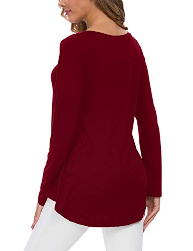 AUSELILY Camiseta de Manga Larga con Cuello en v para Mujer Túnica Tops Blusa Camisas.(EU 40-42,Vino Rojo)