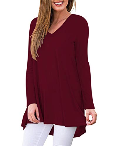 AUSELILY Camiseta de Manga Larga con Cuello en v para Mujer Túnica Tops Blusa Camisas.(EU 40-42,Vino Rojo)