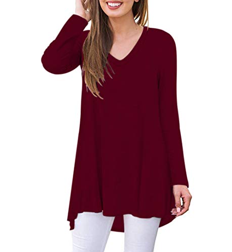 AUSELILY Camiseta de Manga Larga con Cuello en v para Mujer Túnica Tops Blusa Camisas.(EU 40-42,Vino Rojo)