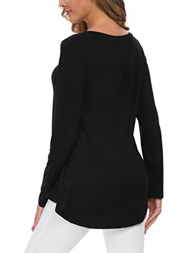 AUSELILY Camiseta de Manga Larga con Cuello en v para Mujer Túnica Tops Blusa Camisas.(EU 48-50,Negro)