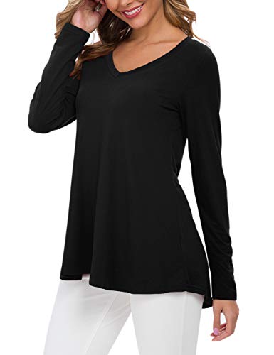 AUSELILY Camiseta de Manga Larga con Cuello en v para Mujer Túnica Tops Blusa Camisas.(EU 48-50,Negro)