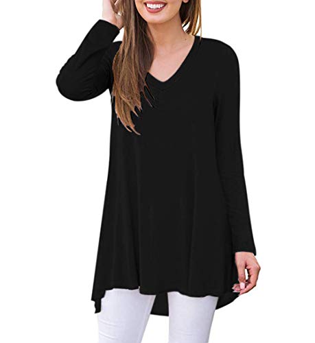 AUSELILY Camiseta de Manga Larga con Cuello en v para Mujer Túnica Tops Blusa Camisas.(EU 48-50,Negro)