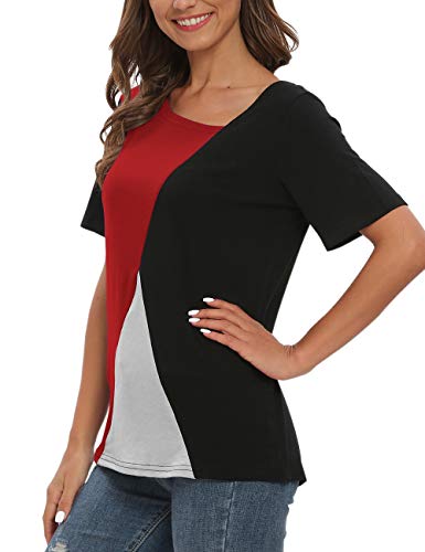 AUSELILY Camisetas de Manga Corta para Mujer Blusas Tops de túnica con Bloques de Color Patchwork.(Negro Rojo,46-48)