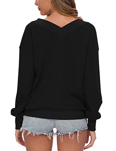 AUSELILY - Jersey de Punto para Mujer, Cuello en V, Manga Larga, Informal, sin Hombros. (Negro, 40-42)