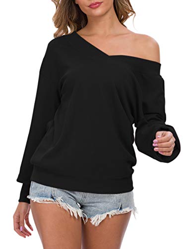 AUSELILY - Jersey de Punto para Mujer, Cuello en V, Manga Larga, Informal, sin Hombros.(EU 36-38,Negro)