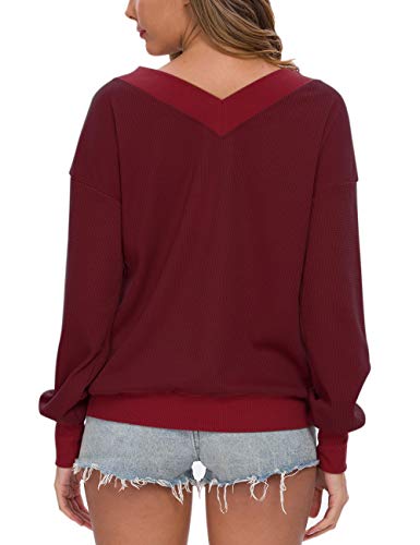 AUSELILY - Jersey de Punto para Mujer, Cuello en V, Manga Larga, Informal, sin Hombros.(EU 40-42,Rojo Vino)