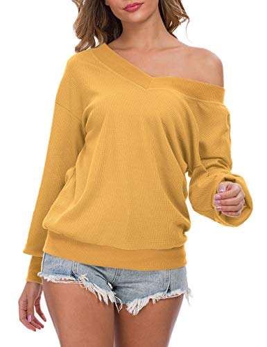 AUSELILY - Jersey de Punto para Mujer, Cuello en V, Manga Larga, Informal, sin Hombros.(EU 44-46,Amarillo)