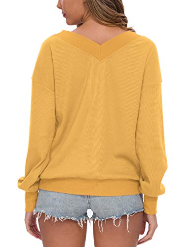 AUSELILY - Jersey de Punto para Mujer, Cuello en V, Manga Larga, Informal, sin Hombros.(EU 44-46,Amarillo)