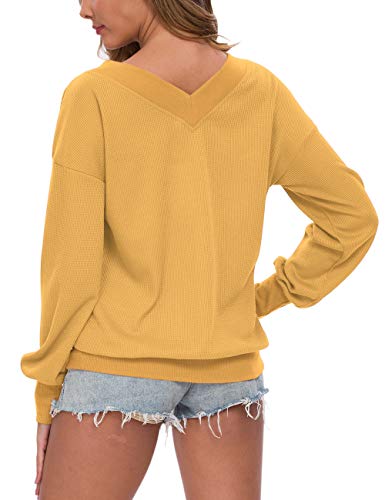 AUSELILY - Jersey de Punto para Mujer, Cuello en V, Manga Larga, Informal, sin Hombros.(EU 44-46,Amarillo)
