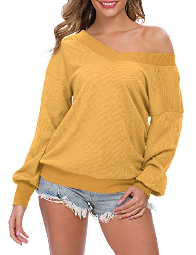AUSELILY - Jersey de Punto para Mujer, Cuello en V, Manga Larga, Informal, sin Hombros.(EU 44-46,Amarillo)