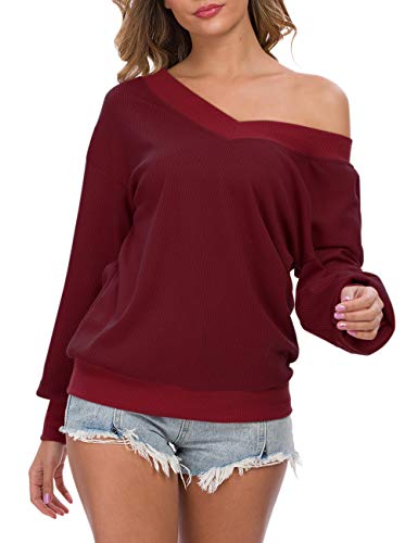 AUSELILY - Jersey de Punto para Mujer, Cuello en V, Manga Larga, Informal, sin Hombros.(EU 48-50,Rojo Vino)
