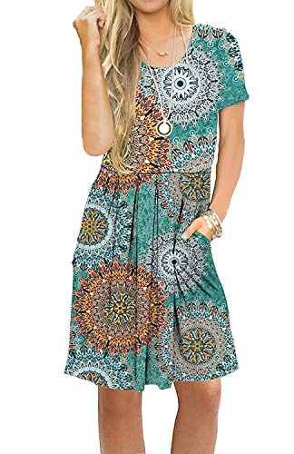 AUSELILY Vestido Informal de Manga Corta con Pliegues Sueltos y Manga Larga para Mujer(EU 40-42,Imprimir Verde)