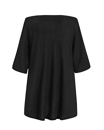 Auxo Mujer Blusas Tallas Grandes Jersey de Punto Media Manga Fuera del Hombro Tops Casual Elegante Suéter Color Sólido Sexy 03-Negro M