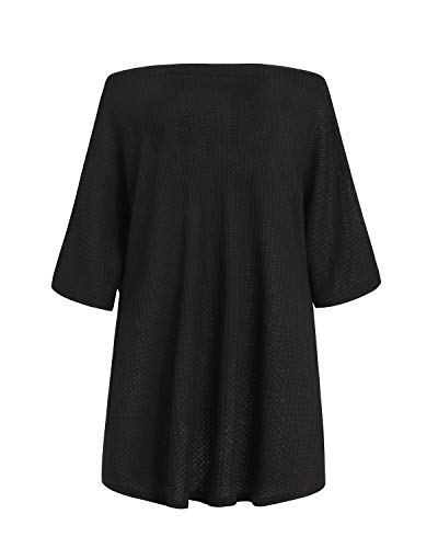 Auxo Mujer Blusas Tallas Grandes Jersey de Punto Media Manga Fuera del Hombro Tops Casual Elegante Suéter Color Sólido Sexy 03-Negro XXL