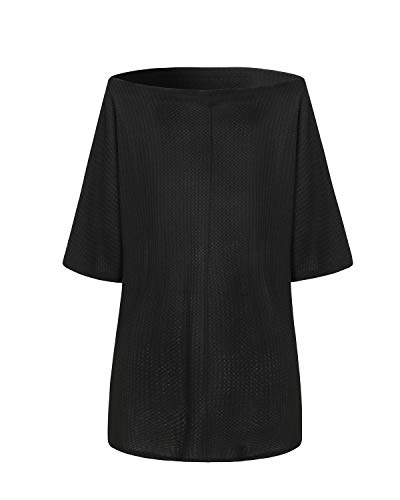 Auxo Mujer Blusas Tallas Grandes Jersey de Punto Media Manga Fuera del Hombro Tops Casual Elegante Suéter Color Sólido Sexy 03-Negro XXL