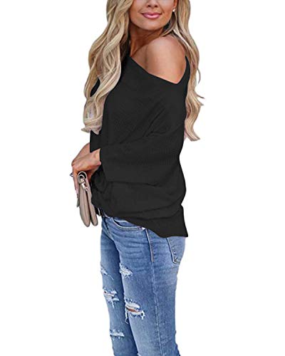 Auxo Mujer Blusas Tallas Grandes Jersey de Punto Media Manga Fuera del Hombro Tops Casual Elegante Suéter Color Sólido Sexy 03-Negro XXL