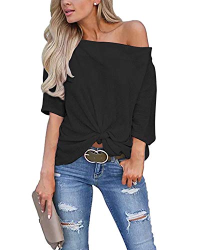 Auxo Mujer Blusas Tallas Grandes Jersey de Punto Media Manga Fuera del Hombro Tops Casual Elegante Suéter Color Sólido Sexy 03-Negro XXL