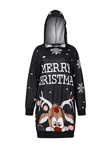 Auxo Mujer Sudaderas con Capucha Largas Tallas Grandes Vestidos Sudadera Hoodie Navidad Manga Larga Casual Jersey 07-Negro Nieve Alce S