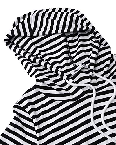 Auxo Mujer Vestido Sudadera Manga Corta Sudadera con Capucha Larga Verano Deportivo Rayas Talla Grande Túnica Camisa Larga Moda X-Negro M