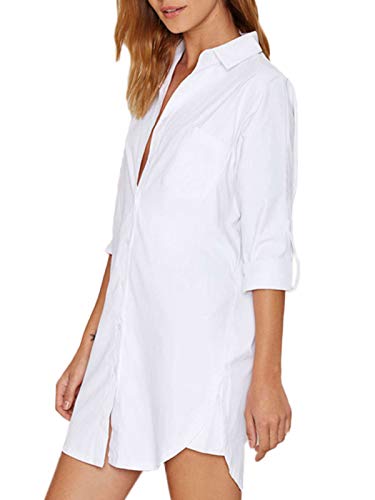 Auxo Mujeres Sexy Botón Suelto con Cuello en v Camiseta de Manga Larga Casual Irregular Oversized Long Tops Blusa Blanco XL