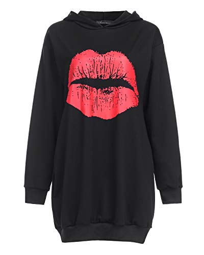 Auxo Sudaderas con Capucha para Mujer Largas Tallas Grandes Jersey Estampado Labios Manga Larga Casual Vestidos Sudadera Hoodie Negro XL