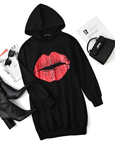 Auxo Sudaderas con Capucha para Mujer Largas Tallas Grandes Jersey Estampado Labios Manga Larga Casual Vestidos Sudadera Hoodie Negro XL