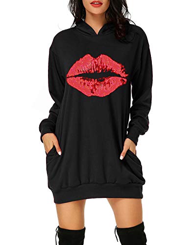 Auxo Sudaderas con Capucha para Mujer Largas Tallas Grandes Jersey Estampado Labios Manga Larga Casual Vestidos Sudadera Hoodie Negro XL