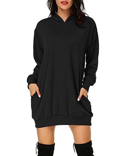 Auxo Sudaderas con Capucha para Mujer Largas Tallas Grandes Jersey Manga Larga Casual Vestidos Sudadera Invierno Hoodie Negro XL