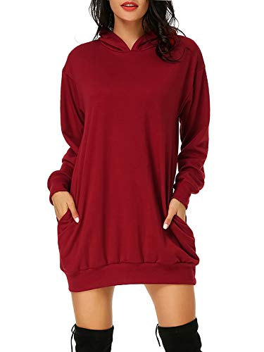 Auxo Sudaderas con Capucha para Mujer Largas Tallas Grandes Jersey Manga Larga Casual Vestidos Sudadera Invierno Hoodie Rojo Vino S