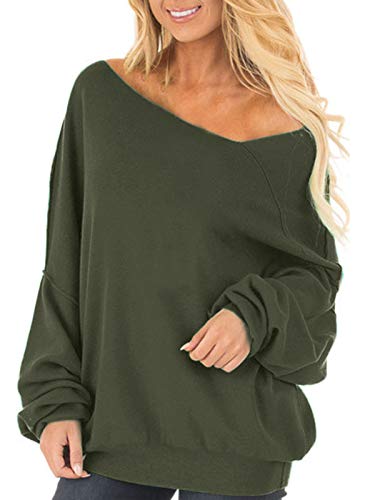 Auxo Sudaderas Mujer Invierno Elegante Camisetas Suéter Fuera del Hombro Manga Larga Jerséis Tops Verde XXL