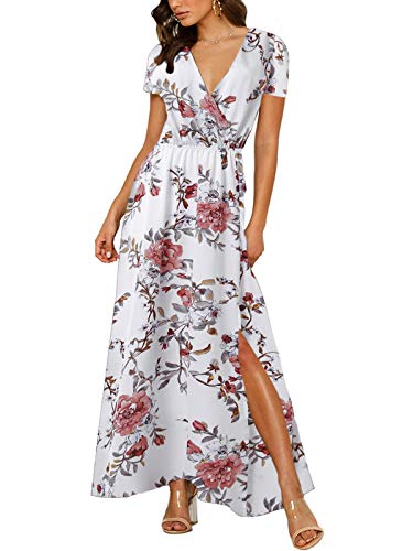 Auxo Vestido Largo Verano Mujer Estampado Floral Vestidos Bohemios Manga Corta Cuello V Vestido Playa Largo Blanco M