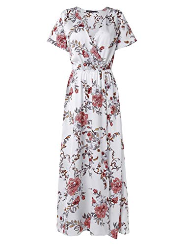 Auxo Vestido Largo Verano Mujer Estampado Floral Vestidos Bohemios Manga Corta Cuello V Vestido Playa Largo Blanco M