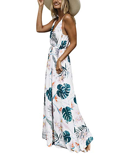 Auxo Vestido Largo Verano Mujer Impresión Floral Vestidos Bohemios Sin Mangas Cuello V Vestido Playa Largo Tirantes Blanco1 L