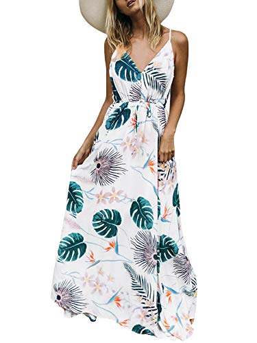 Auxo Vestido Largo Verano Mujer Impresión Floral Vestidos Bohemios Sin Mangas Cuello V Vestido Playa Largo Tirantes Blanco1 L