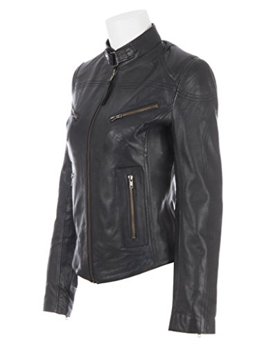 Aviatrix Cuero Real Corta Chaqueta De Motociclista Cabida De Las Mujeres (CRD9), Negro, L / Pecho=32"