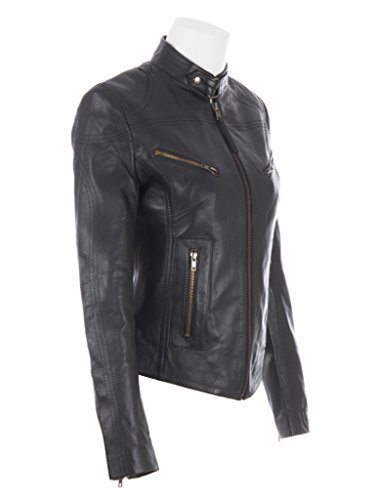 Aviatrix Cuero Real Corta Chaqueta De Motociclista Cabida De Las Mujeres (CRD9), Negro, L / Pecho=32"