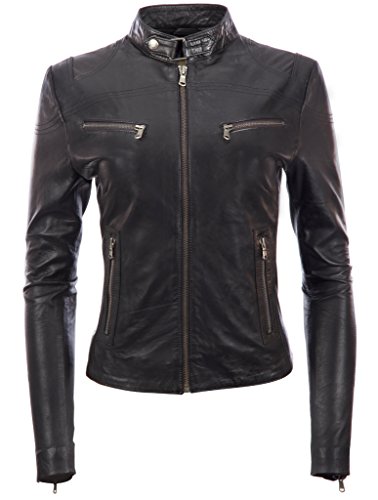 Aviatrix Cuero Real Corta Chaqueta De Motociclista Cabida De Las Mujeres (CRD9), Negro, L / Pecho=32"