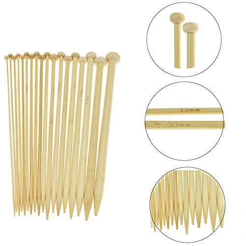 Aweisile Agujas de Punto Bambú Agujas Tejer 36 piezas Bambú Aguja Agujas de Tejer Apto para principiantes y profesionales para Bufanda de Punto, Gorro, Suéter, Pantalón de Lana longitud 25 cm