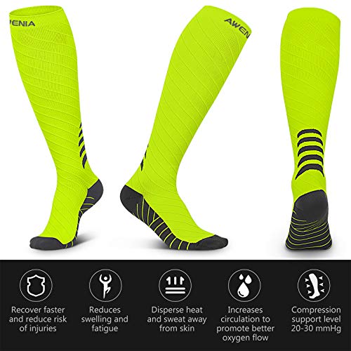 Awenia Calcetines de Compresión Deportivos Medias Transpirables para Hombres y Mujeres, para Crossfit Fútbol Avion Viaje Enfermera (S/M(35-42CM), Verde-2 Pares)