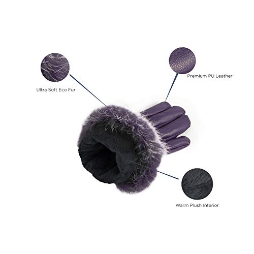 AXELENS Guantes Mujer Chica Invernales Pantalla Táctil Elegantes en Piel Ecológica Interior de Felpa Cálidos y Suaves, Puños de Piel Sintética, Smartphone Celular Teléfono Móvil - Talla S/M - VIOLETA