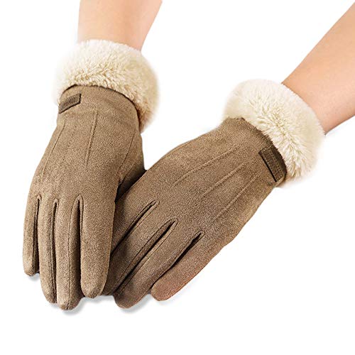 axelens Guantes Mujer Pantalla Táctil de Gamuza con Afelpado Interno Elegantes con Puños de Piel Suave Ecológica, Niñas, Chicas - Talla S/M - Marron Claro/Beige