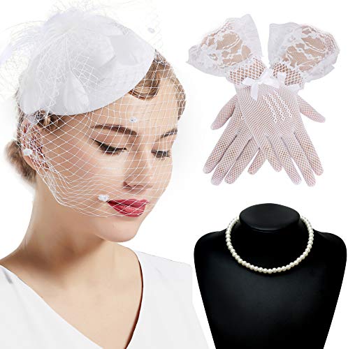 Babeyond - Conjunto de accesorios para mujer, diseño de gastby de los años 20, para fiestas, bodas, fiestas (collar, guantes y sombrero)